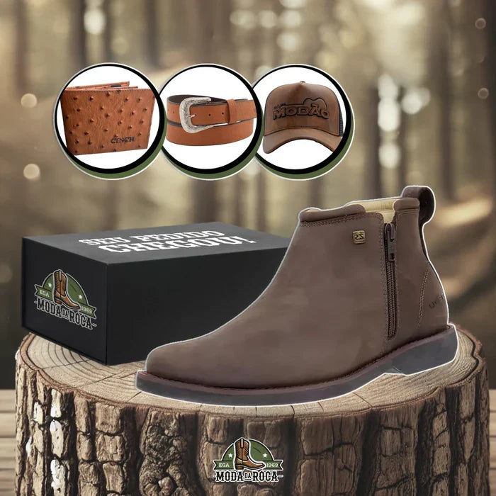 Kit Bota Zavu Casual Ortopédica Masculina de Cuero Legítimo + 3 REGALOS: Cinturón, Gorra y Cartera
