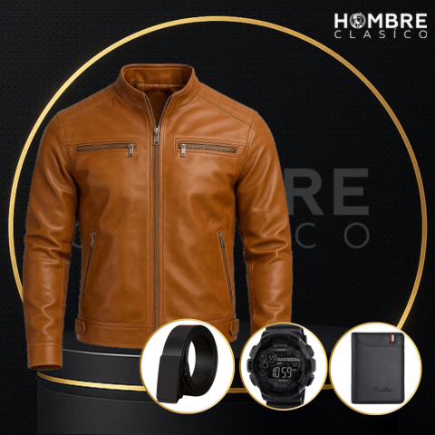 Chaqueta de Hombre de Cuero Legítimo Cóndor +3 REGALOS: Cinturón, Reloj y Billetera